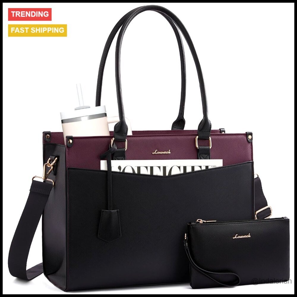 Leather Tote Bag with Removable Clutch Waterproof Work Travel Laptop Shoulder